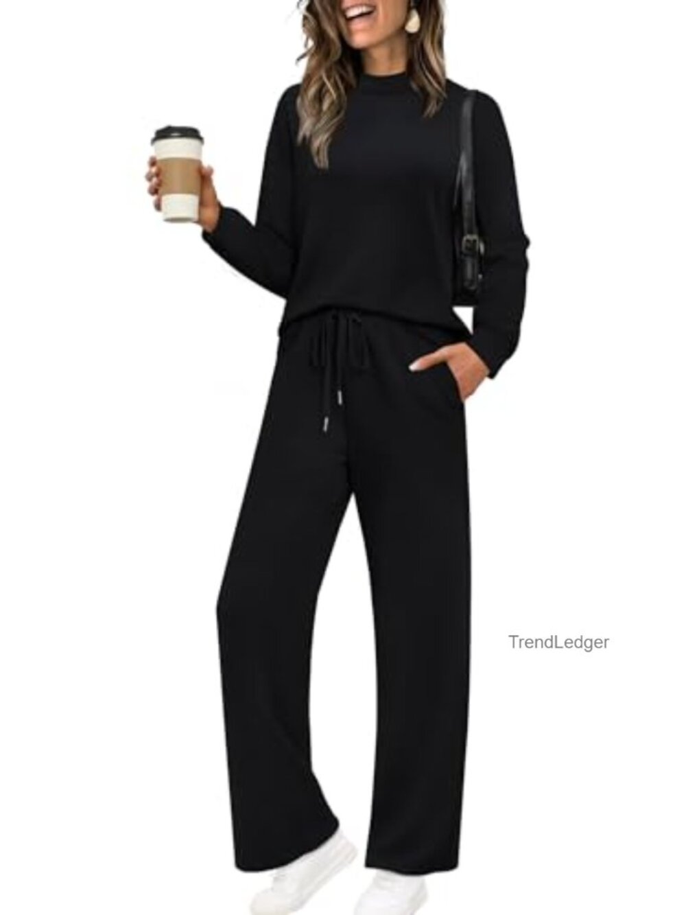 Two Piece Set Women Mock Neck Long Sleeve Top Wide Leg Pant Loungewear Travel
